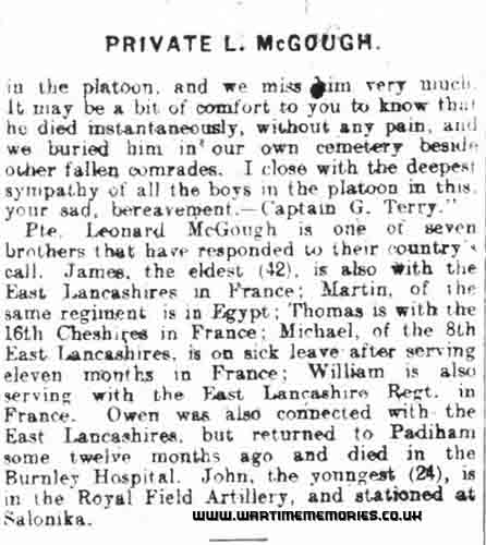 Leonard McGough Death Notice From Local Paper